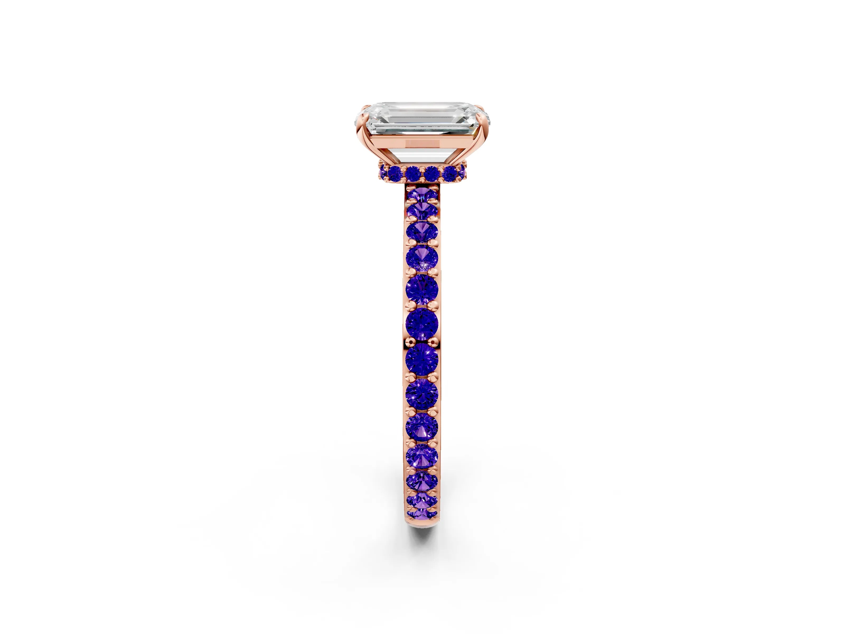 Rose gold Emerald Cut Diamond Pavé Engagement Ring with Round with Tanzanite side stone Accents and Prong Setting_2