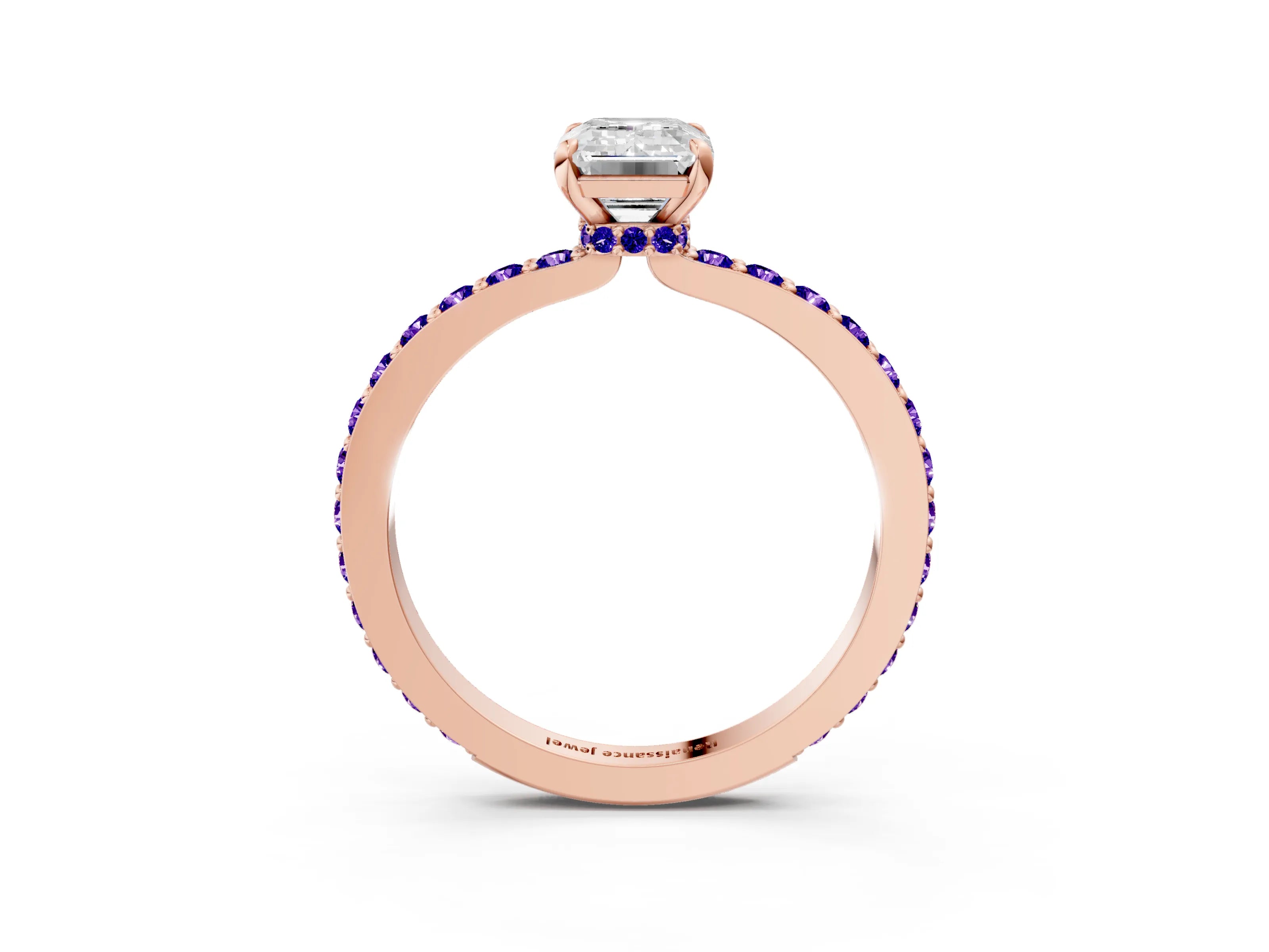 Rose gold Emerald Cut Diamond Pavé Engagement Ring with Round with Tanzanite side stone Accents and Prong Setting_3