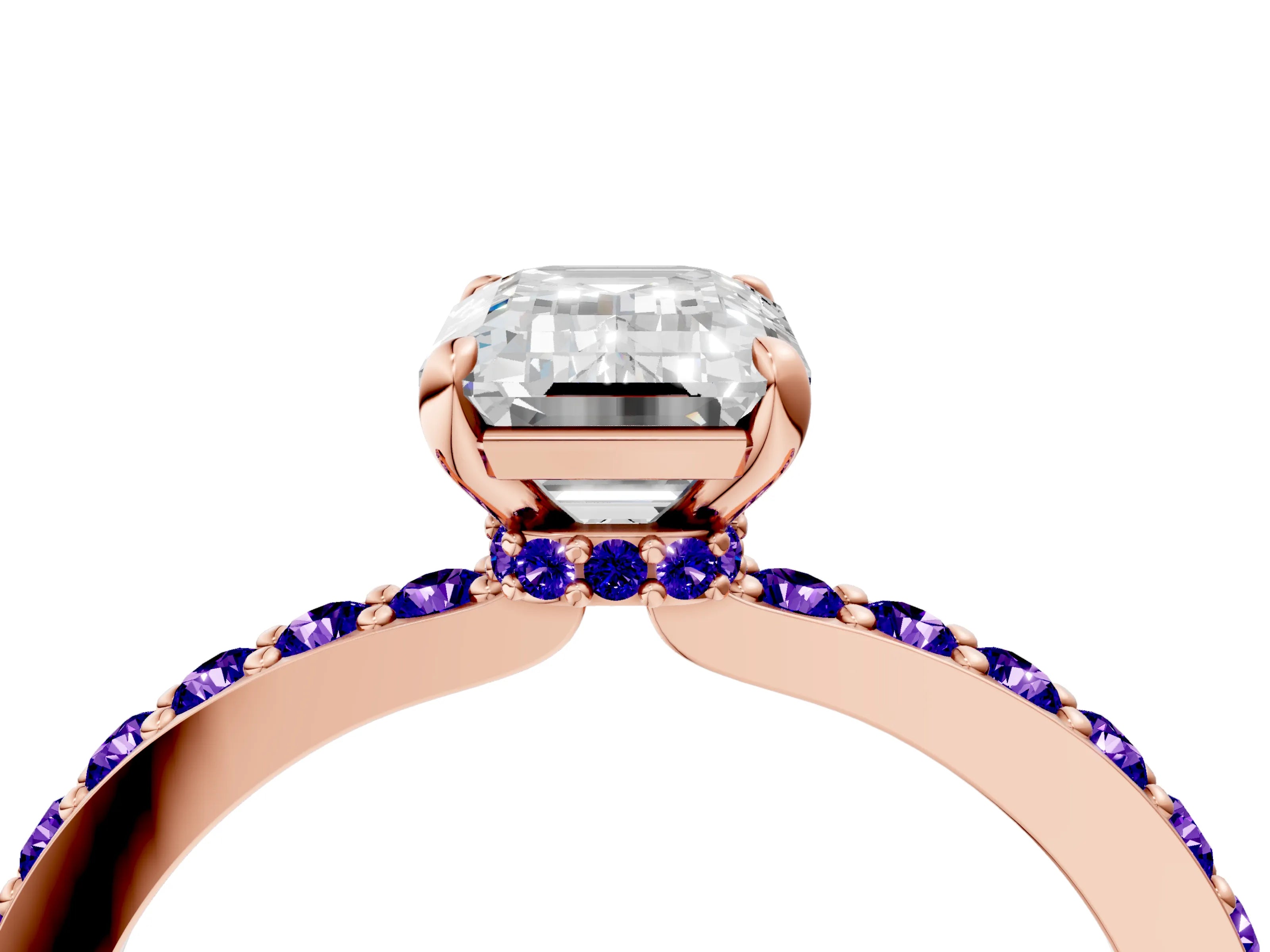 Rose gold Emerald Cut Diamond Pavé Engagement Ring with Round with Tanzanite side stone Accents and Prong Setting_4