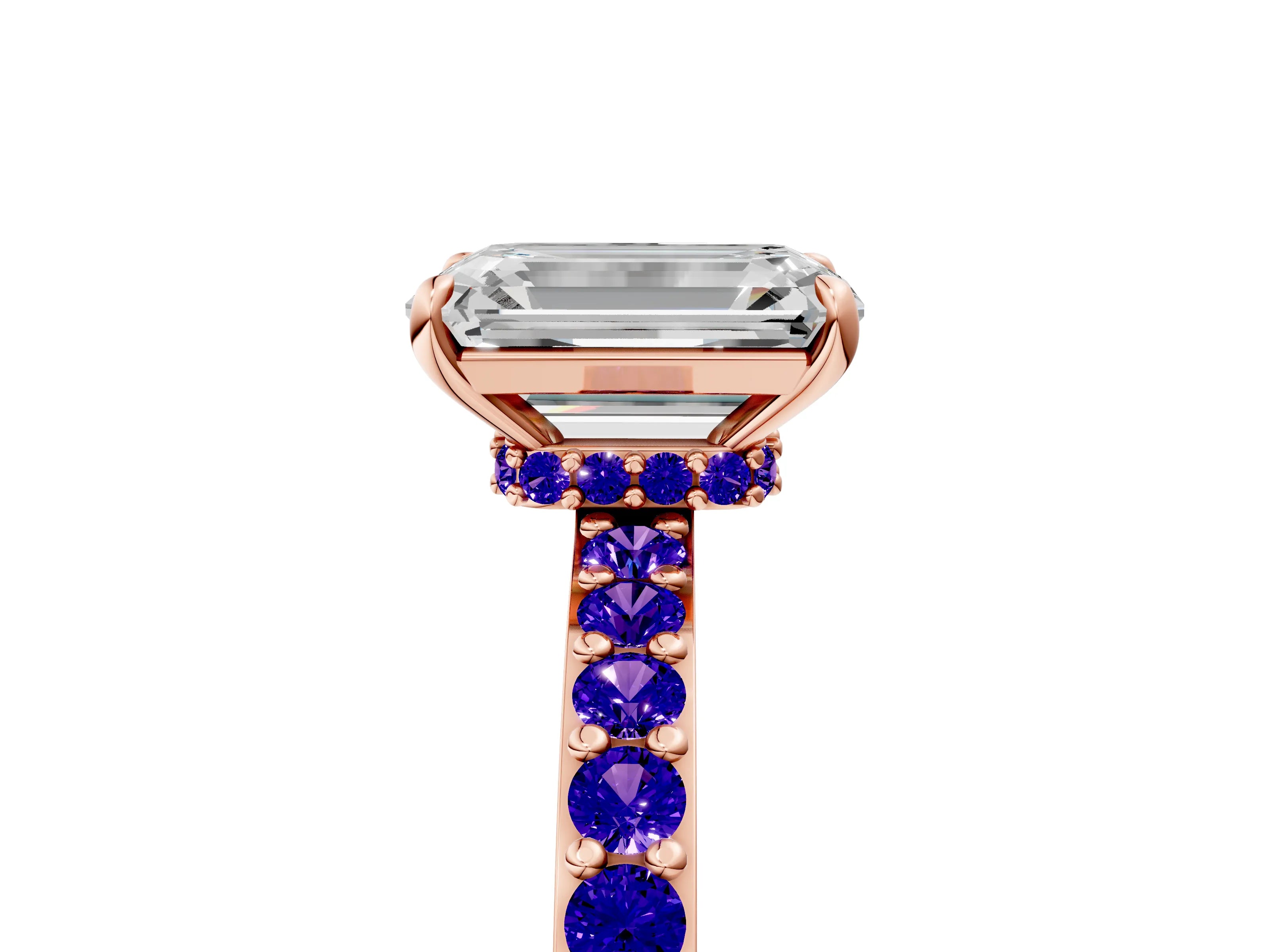 Rose gold Emerald Cut Diamond Pavé Engagement Ring with Round with Tanzanite side stone Accents and Prong Setting_5