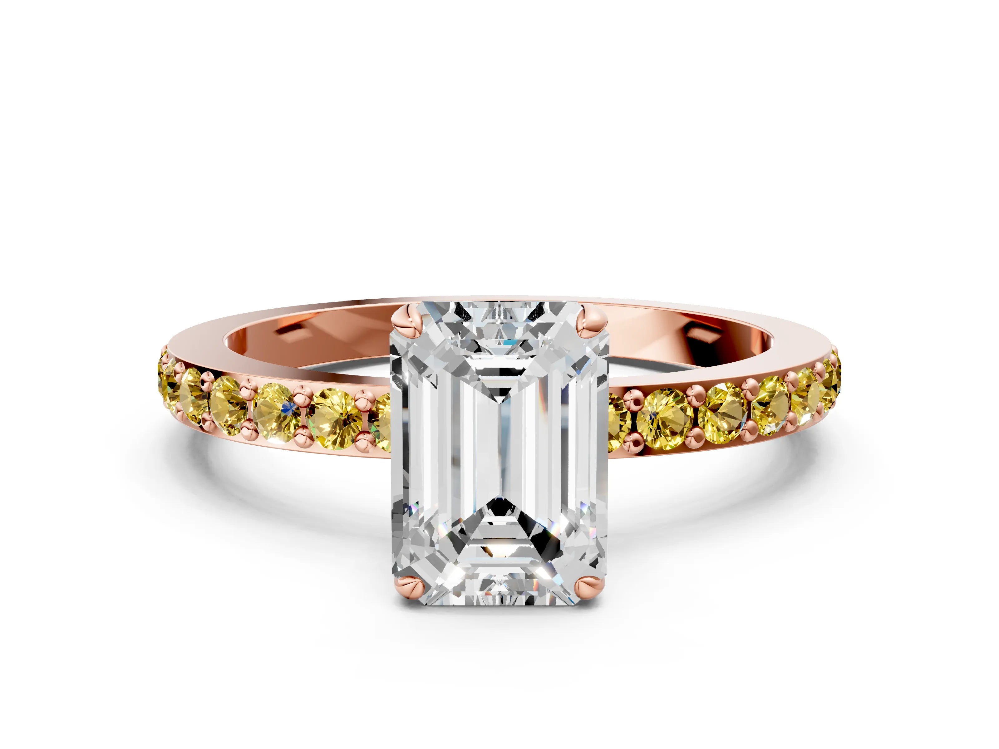 Rose gold Emerald Cut Diamond Pavé Engagement Ring with Round with Yellow Sapphire side stone Accents and Prong Setting