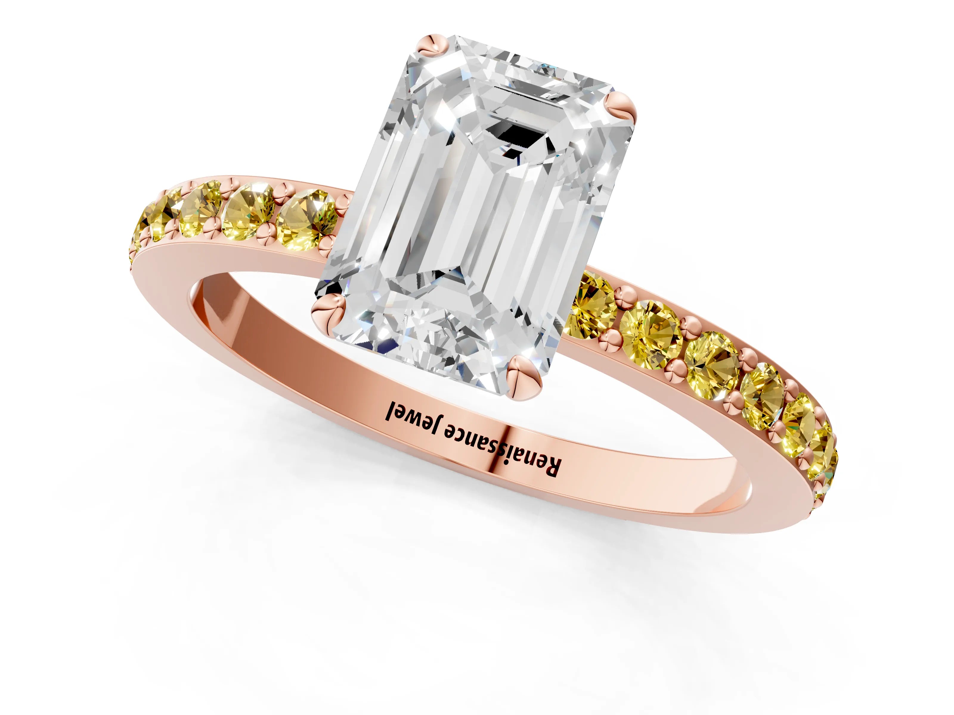 Rose gold Emerald Cut Diamond Pavé Engagement Ring with Round with Yellow Sapphire side stone Accents and Prong Setting_1