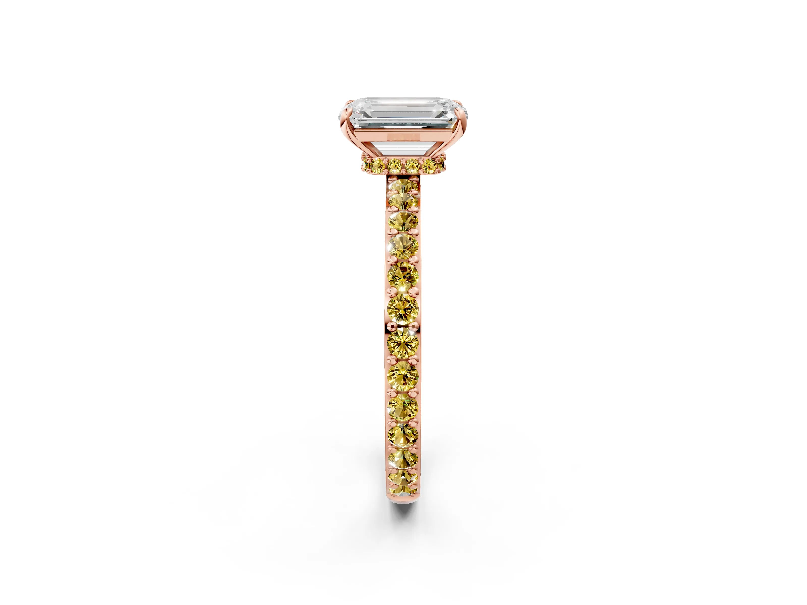 Rose gold Emerald Cut Diamond Pavé Engagement Ring with Round with Yellow Sapphire side stone Accents and Prong Setting_2