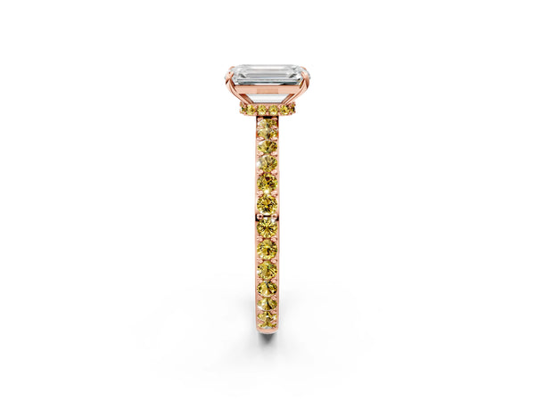 Rose gold Emerald Cut Diamond Pavé Engagement Ring with Round with Yellow Sapphire side stone Accents and Prong Setting
