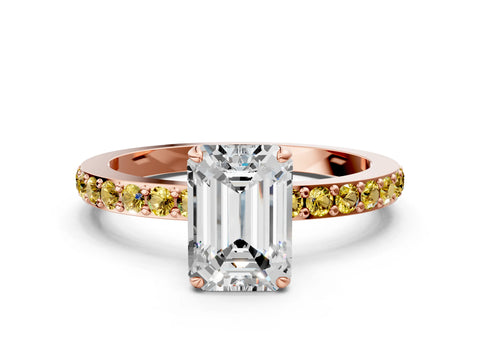Rose gold Emerald Cut Diamond Pavé Engagement Ring with Round with Yellow Sapphire side stone Accents and Prong Setting