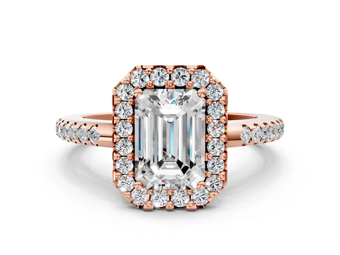 Rose gold Emerald Cut Diamond Pavé Halo Ring with Four-Prong Setting_38