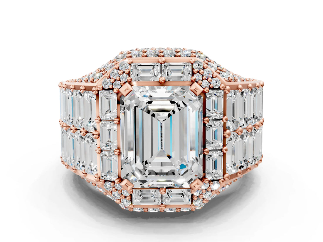 Rose gold Emerald Cut Diamond Pavé Statement Mens Ring with Baguette Accents_12