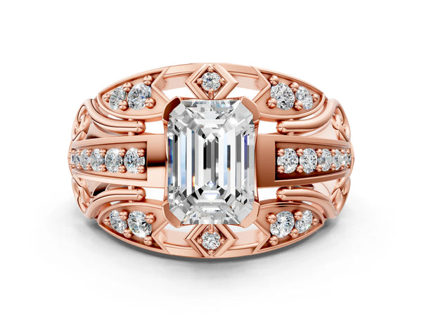 Rose gold Emerald Cut Diamond Pave Art Deco Split Shank Ring with Four-Prong Setting