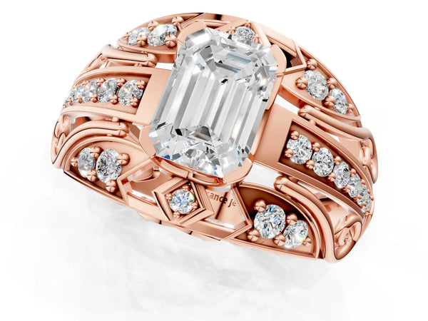 Rose gold Emerald Cut Diamond Pave Art Deco Split Shank Ring with Four-Prong Setting