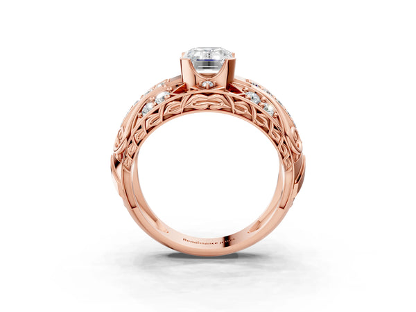 Rose gold Emerald Cut Diamond Pave Art Deco Split Shank Ring with Four-Prong Setting