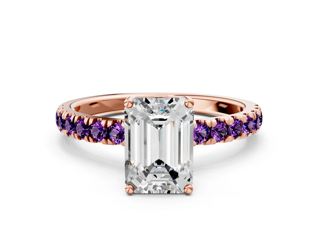 Rose gold Emerald Cut Diamond Pave Band Solitaire Ring with Round with Amethyst side stone and Prong Setting