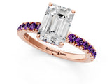 Rose gold Emerald Cut Diamond Pave Band Solitaire Ring with Round with Amethyst side stone and Prong Setting_1