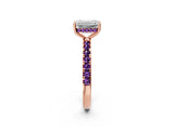 Rose gold Emerald Cut Diamond Pave Band Solitaire Ring with Round with Amethyst side stone and Prong Setting_2
