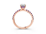 Rose gold Emerald Cut Diamond Pave Band Solitaire Ring with Round with Amethyst side stone and Prong Setting_3