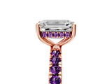 Rose gold Emerald Cut Diamond Pave Band Solitaire Ring with Round with Amethyst side stone and Prong Setting_5