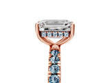 Rose gold Emerald Cut Diamond Pave Band Solitaire Ring with Round with Aquamarine side stone and Prong Setting_17