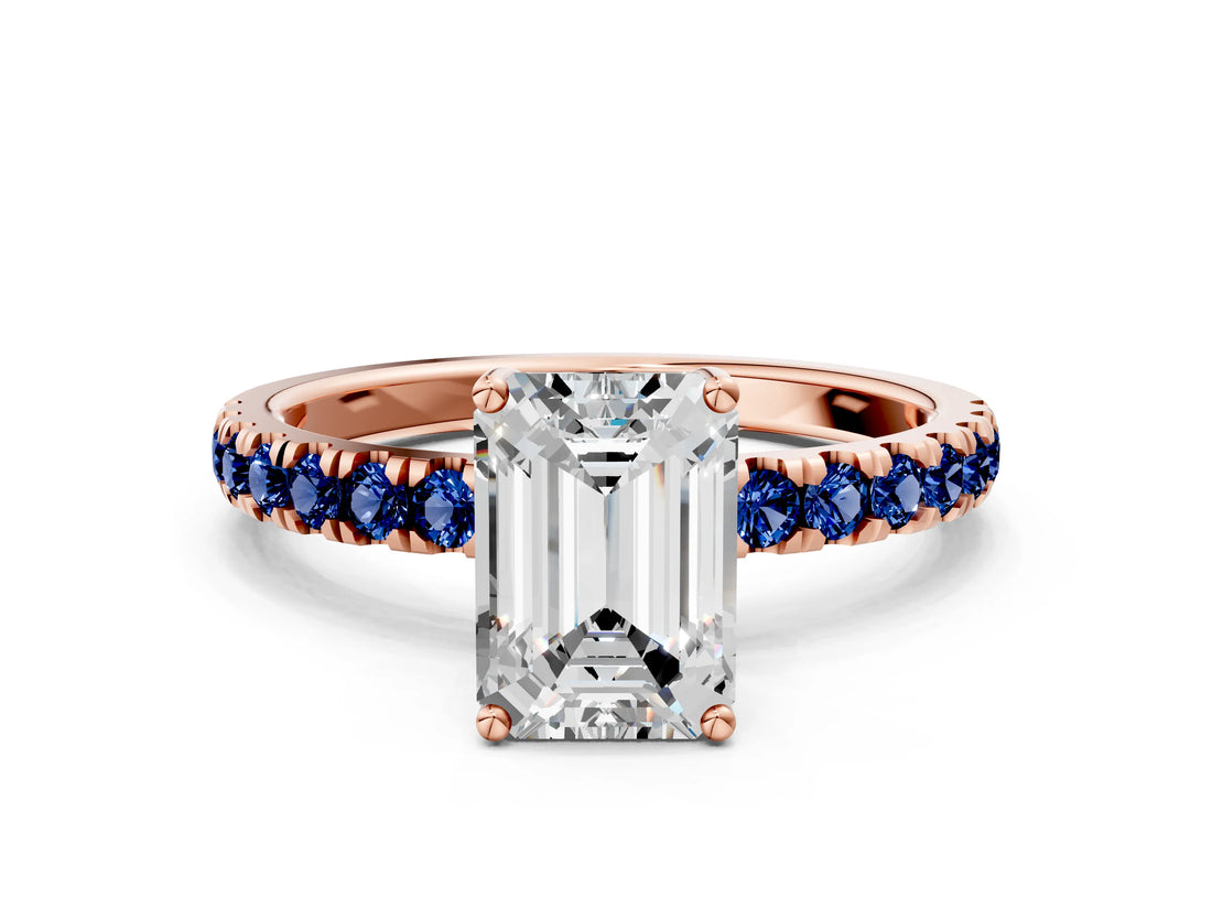 Rose gold Emerald Cut Diamond Pave Band Solitaire Ring with Round with Blue Sapphire side stone and Prong Setting_12