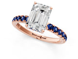Rose gold Emerald Cut Diamond Pave Band Solitaire Ring with Round with Blue Sapphire side stone and Prong Setting_13
