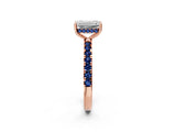 Rose gold Emerald Cut Diamond Pave Band Solitaire Ring with Round with Blue Sapphire side stone and Prong Setting_14