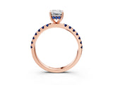 Rose gold Emerald Cut Diamond Pave Band Solitaire Ring with Round with Blue Sapphire side stone and Prong Setting_15