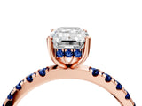 Rose gold Emerald Cut Diamond Pave Band Solitaire Ring with Round with Blue Sapphire side stone and Prong Setting_16
