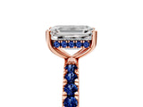 Rose gold Emerald Cut Diamond Pave Band Solitaire Ring with Round with Blue Sapphire side stone and Prong Setting_17