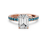 Rose gold Emerald Cut Diamond Pave Band Solitaire Ring with Round with Blue Topaz side stone and Prong Setting_12