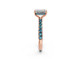 Rose gold Emerald Cut Diamond Pave Band Solitaire Ring with Round with Blue Topaz side stone and Prong Setting_14