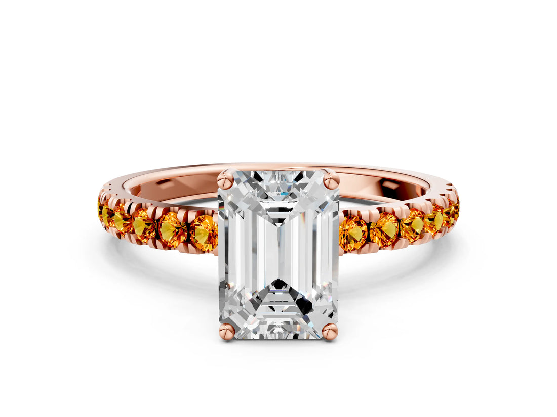 Rose gold Emerald Cut Diamond Pave Band Solitaire Ring with Round with Citrine side stone and Prong Setting