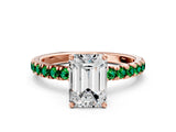 Rose gold Emerald Cut Diamond Pave Band Solitaire Ring with Round with Emerald side stone and Prong Setting