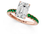Rose gold Emerald Cut Diamond Pave Band Solitaire Ring with Round with Emerald side stone and Prong Setting_1