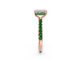 Rose gold Emerald Cut Diamond Pave Band Solitaire Ring with Round with Emerald side stone and Prong Setting_2