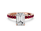 Rose gold Emerald Cut Diamond Pave Band Solitaire Ring with Round with Garnet side stone and Prong Setting_12