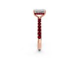 Rose gold Emerald Cut Diamond Pave Band Solitaire Ring with Round with Garnet side stone and Prong Setting_14
