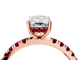 Rose gold Emerald Cut Diamond Pave Band Solitaire Ring with Round with Garnet side stone and Prong Setting_16