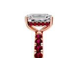 Rose gold Emerald Cut Diamond Pave Band Solitaire Ring with Round with Garnet side stone and Prong Setting_17