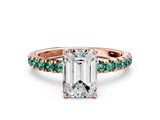 Rose gold Emerald Cut Diamond Pave Band Solitaire Ring with Round with Green Sapphire side stone and Prong Setting_24