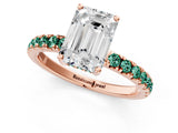 Rose gold Emerald Cut Diamond Pave Band Solitaire Ring with Round with Green Sapphire side stone and Prong Setting_25