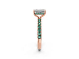 Rose gold Emerald Cut Diamond Pave Band Solitaire Ring with Round with Green Sapphire side stone and Prong Setting_26