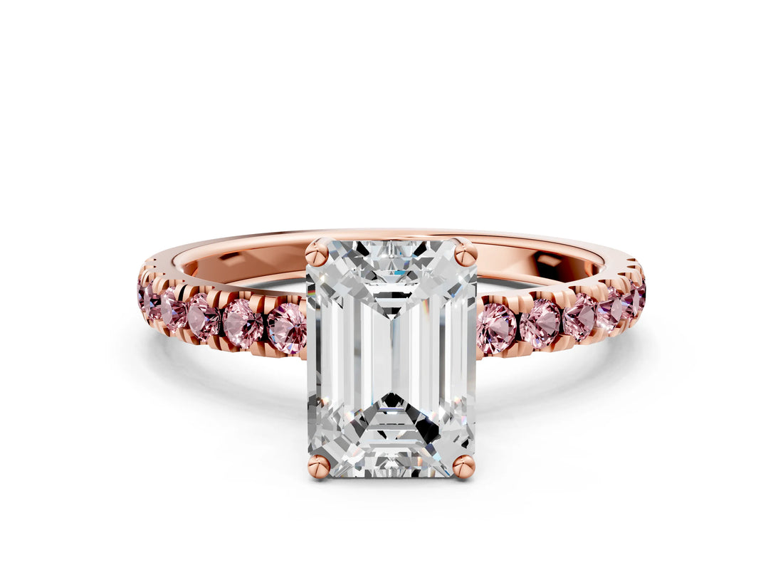 Rose gold Emerald Cut Diamond Pave Band Solitaire Ring with Round with Morganite side stone and Prong Setting_12