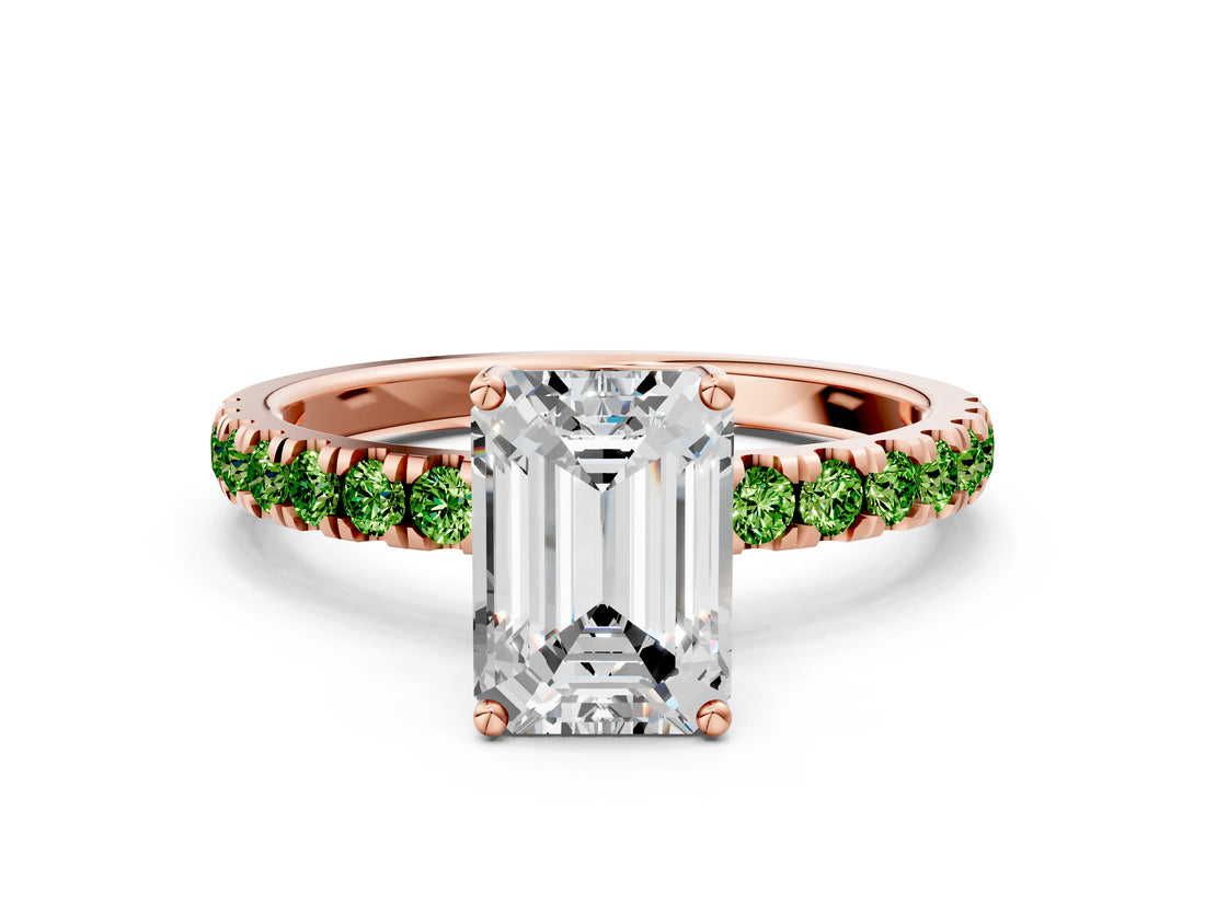 Rose gold Emerald Cut Diamond Pave Band Solitaire Ring with Round with Peridot side stone and Prong Setting