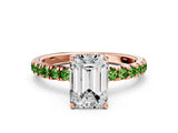 Rose gold Emerald Cut Diamond Pave Band Solitaire Ring with Round with Peridot side stone and Prong Setting