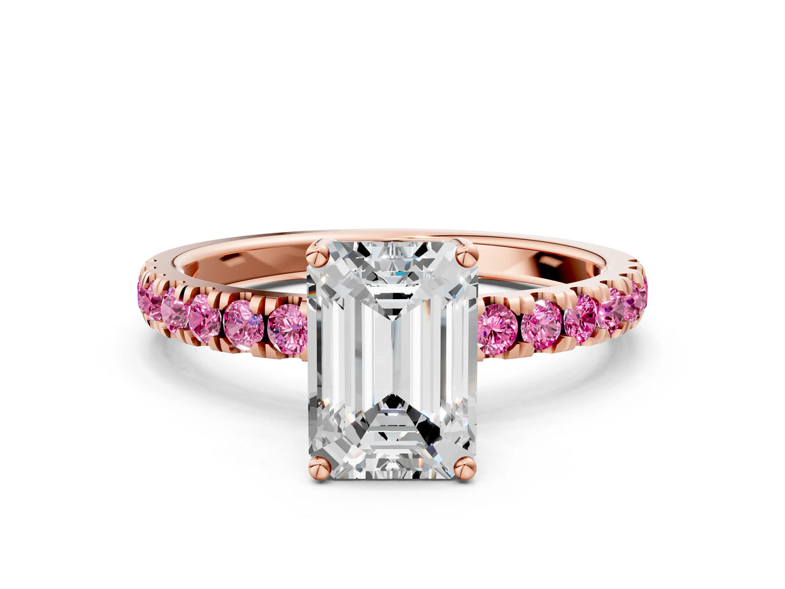 Rose gold Emerald Cut Diamond Pave Band Solitaire Ring with Round with Pink Sapphire side stone and Prong Setting_12
