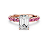 Rose gold Emerald Cut Diamond Pave Band Solitaire Ring with Round with Pink Sapphire side stone and Prong Setting_12