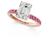 Rose gold Emerald Cut Diamond Pave Band Solitaire Ring with Round with Pink Sapphire side stone and Prong Setting_13