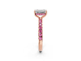 Rose gold Emerald Cut Diamond Pave Band Solitaire Ring with Round with Pink Sapphire side stone and Prong Setting_14