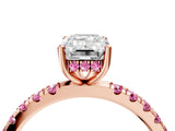 Rose gold Emerald Cut Diamond Pave Band Solitaire Ring with Round with Pink Sapphire side stone and Prong Setting_16