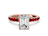 Rose gold Emerald Cut Diamond Pave Band Solitaire Ring with Round with Ruby side stone and Prong Setting_12