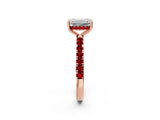 Rose gold Emerald Cut Diamond Pave Band Solitaire Ring with Round with Ruby side stone and Prong Setting_14