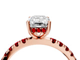 Rose gold Emerald Cut Diamond Pave Band Solitaire Ring with Round with Ruby side stone and Prong Setting_16